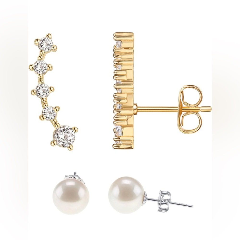 14K Gold Plated Sterling Silver Post & Pearl Earrings Set